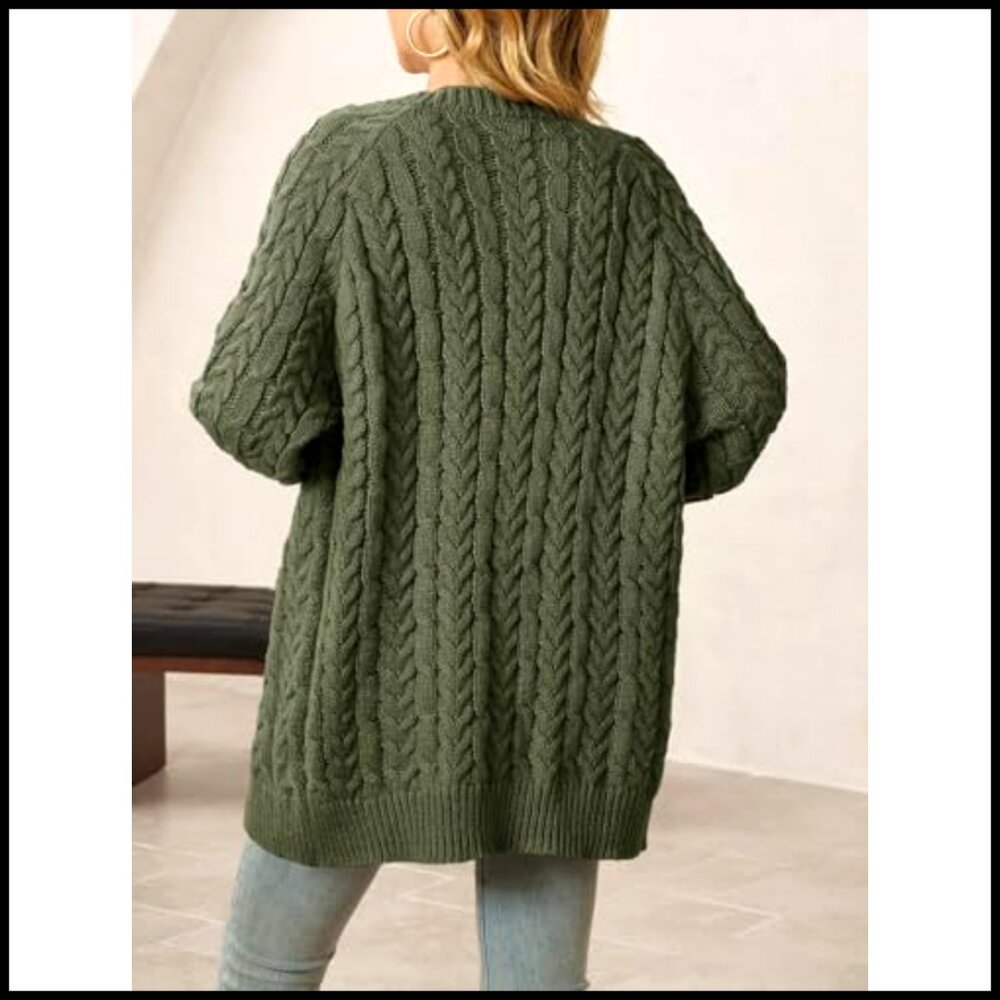 Oversized Cable Knit Cardigan, Chunky Button Down, Lantern Sleeve, Crew Neck - Picture 5 of 6